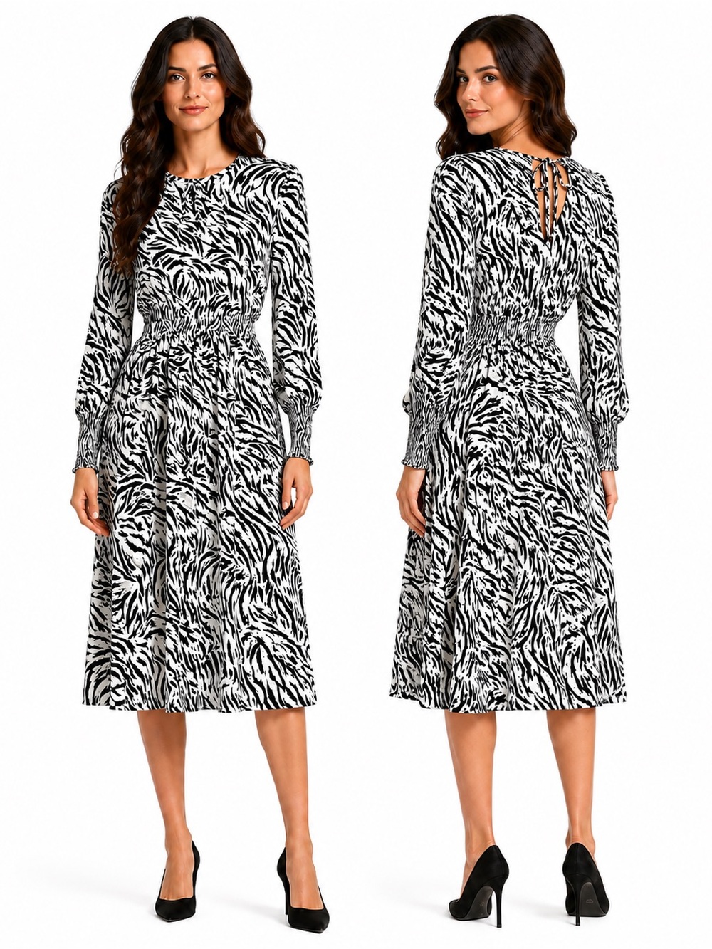 Halogen Petite L Black White Animal Print Tie Back Midi Dress Pockets